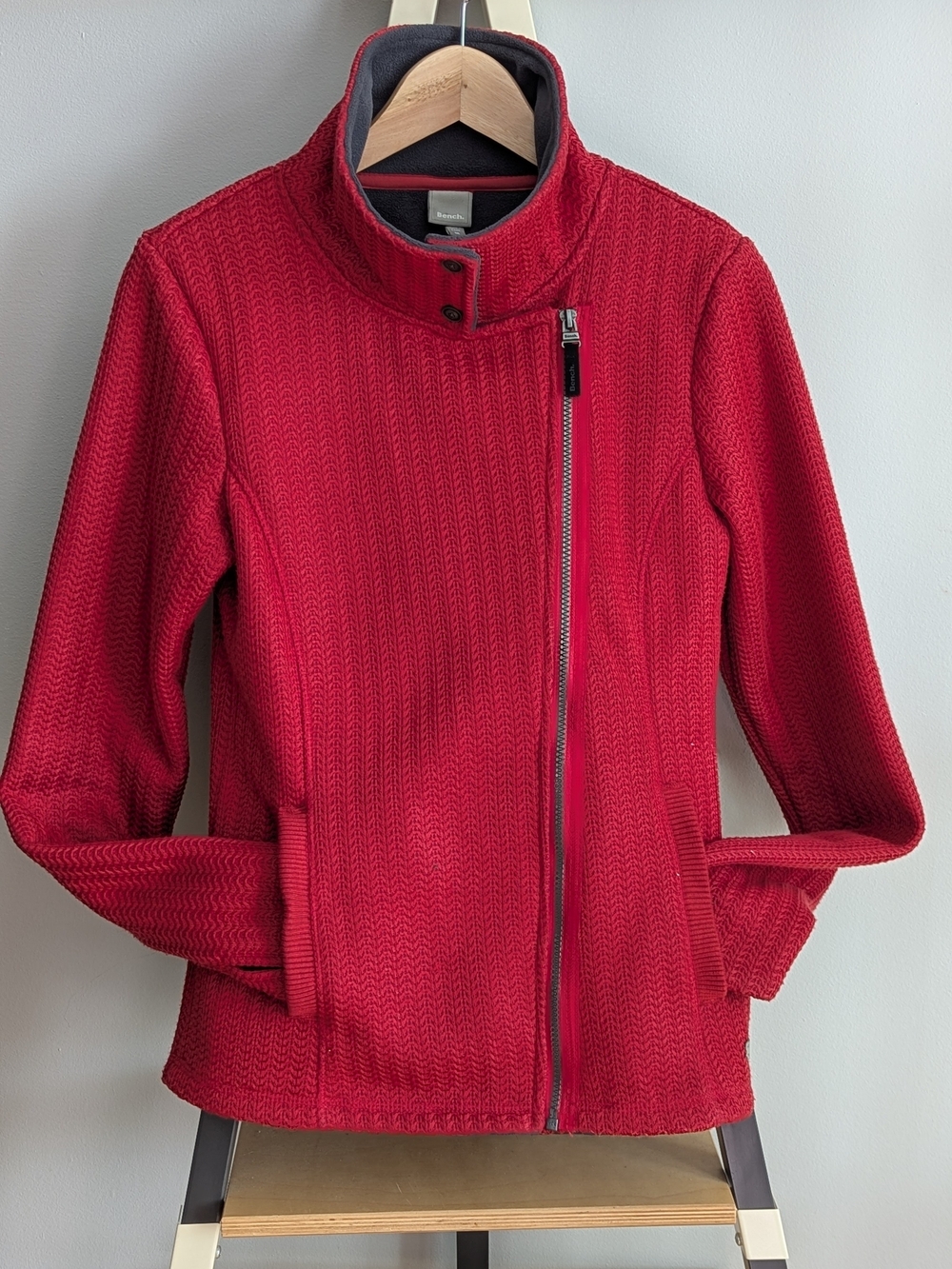 Bench Red Knit Asymmetrical Zip Bomber Jacket